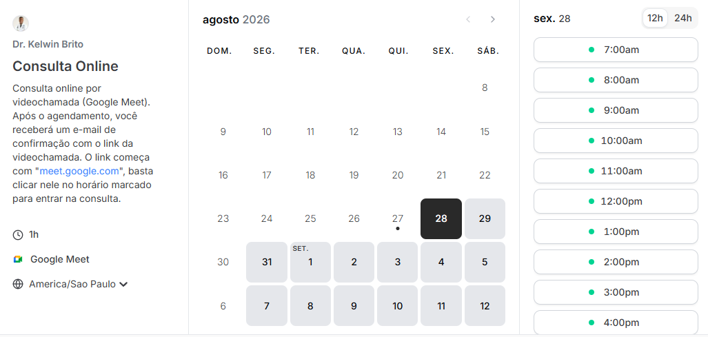 Print da agenda online de horários disponíveis